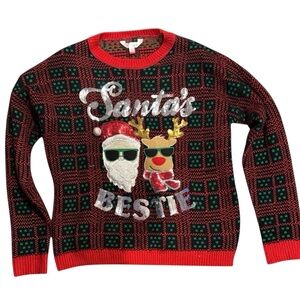 Women’s junior Santa ugly Christmas Sweater cool reindeer top large bling